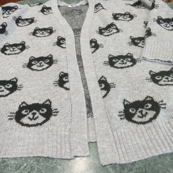 Cardigan Juniors Xxxl 21 Gray Black Cat Print Knit Open Front Fuzzy Sweater 1x2x - Picture 2 of 10